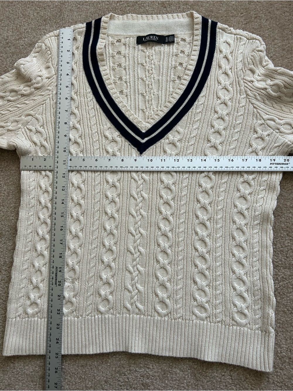 Lauren Ralph Lauren Cream Cable Knit V-Neck Cricket Sweater - Picture 7 of 9